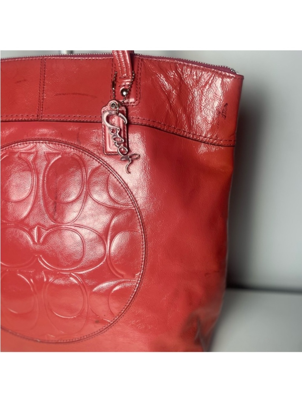 Coach Red Leather Embossed Logo Tote - Picture 4 of 14